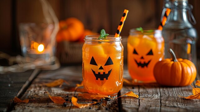 Cold Orange Halloween Cocktail with Watermelon and Garnishes
