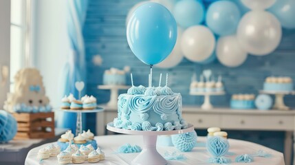 Celebrity themed birthday party with gourmet cafe for a year old Decorated with a stunning blue cake meringues and a balloon. Generative AI