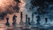 © florynstudio3 - chess queen beats king between other pieces on the chessboard, smoke over the battle, dark background, concept for aggression, success and competition. Generative AI