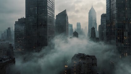 Wall Mural -  A scene of an ethereal mist swirling through a deserted city, softening the edges of skyscrapers and cloaking memories ai_generated