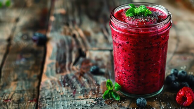 Close up of a berry smoothie with pumpkin and chia seeds in a glass jar on a rustic wood background with selective focus for a copy space image conveying a concept of detox diet well being and weight