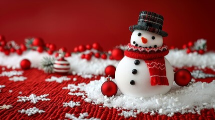 Wall Mural - Create a festive Christmas background with a jolly snowman, adorned with a top hat, scarf, and carrot nose.