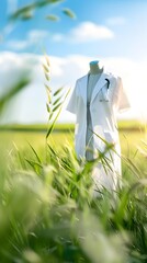 Sticker - Lone lab coat in serene grassy field under blue sky with white clouds