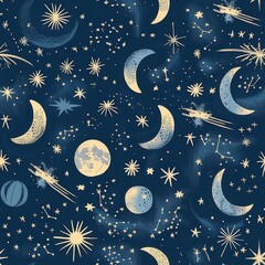 Wall Mural - Enchanting Midnight Blue Celestial Pattern with Moons and Stars