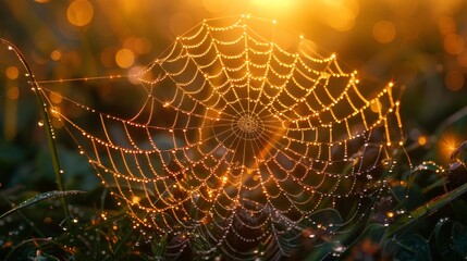 Wall Mural - Spider web with morning dew in a meadow at sunrise, nature detail. Serenity and beauty of nature concept