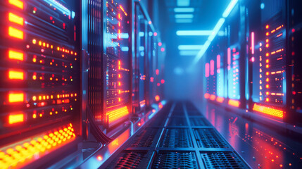 Poster - Data center with a row of computer servers. Abstract generic concept of cyberspace, communication and technology.
