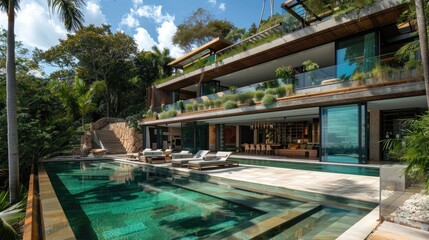 Wall Mural - Luxury contemporary architecture house with pool in a magnificent location
