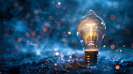 Wall Mural - A light bulb glowing with light particles around, concept of innovation and technology idea or business strategy