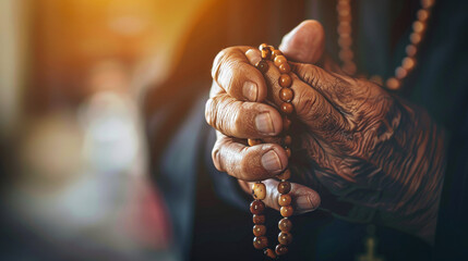The hands of an old catholic monk praying, holding a rosary