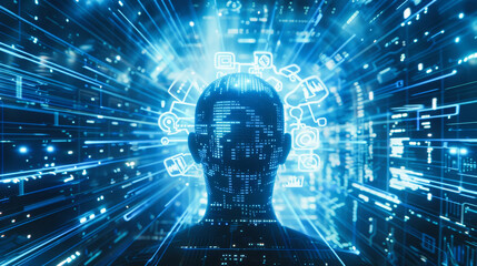 Poster - a futuristic composition with human and digital components. artificial intelligence concept.