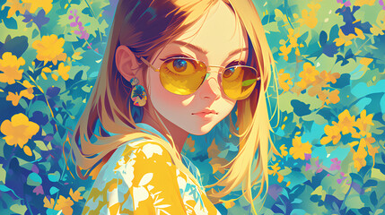 Wall Mural - fashionable girl idol with glasses digital painting style, anime style