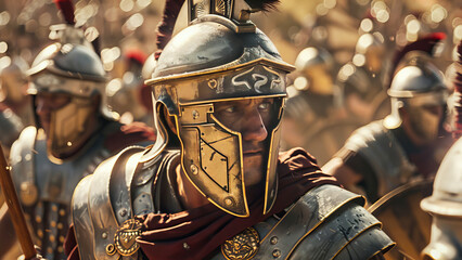 A cinematic still of Roman soldiers on the battlefield