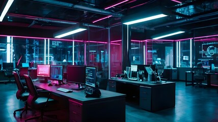 Interior is an modern office with colorful lights  