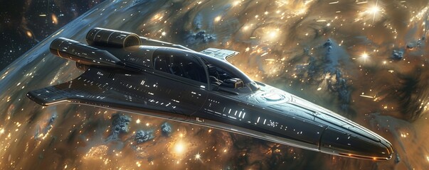 Wall Mural - A sleek, futuristic spaceship, its metallic hull gleaming against the backdrop of a starry expanse.