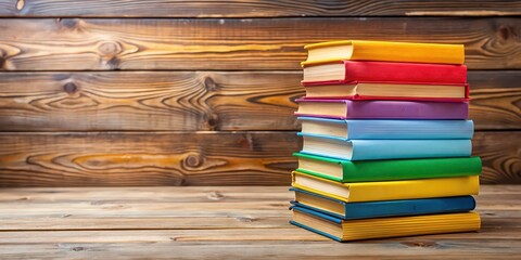 Poster - A stack of colorful books on a wooden table, education, reading, literature, knowledge, learning, studying, library