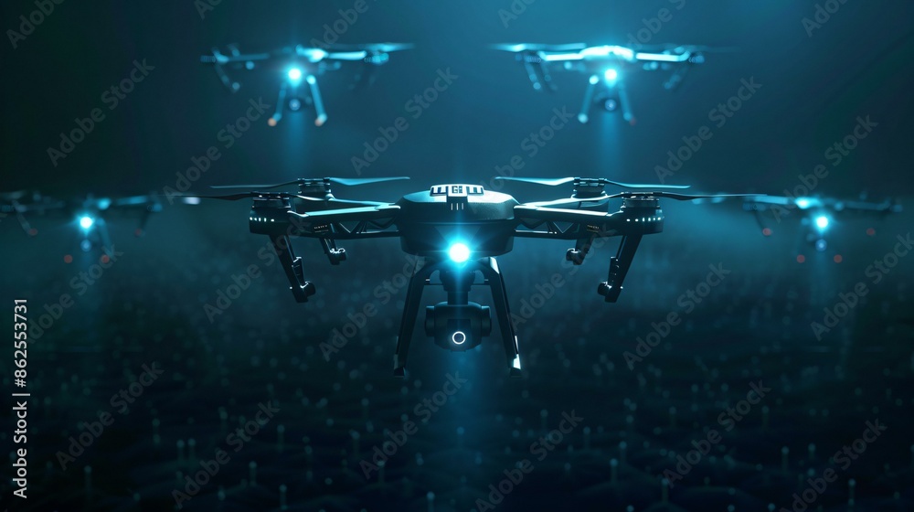 Ilustración de Stock Autonomous AI drones smart surveillance and ...