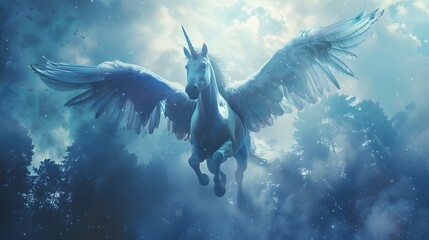 A beautiful sky blue unicorn. The large spreading wings of the unicorn are carried high into the sky. A magical and mysterious horse with wings and a horn. 