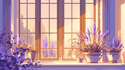 Wall Mural - purple flowers near the window 2d illustration