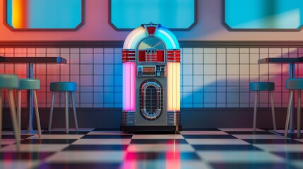 Create a retro-style composition featuring a classic jukebox glowing in a dimly lit diner.