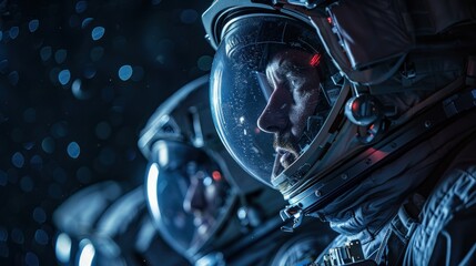 Wall Mural - portrait of a team of astronauts in crystalline helmets, refracting light in unique patterns against