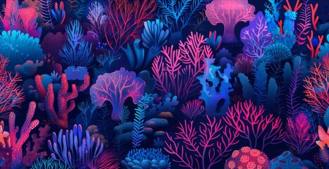 Undersea background with coral reef pattern, tropical border, seaweed seaweed, summer undersea background. Aquatic elements. Modern seamless illustration.