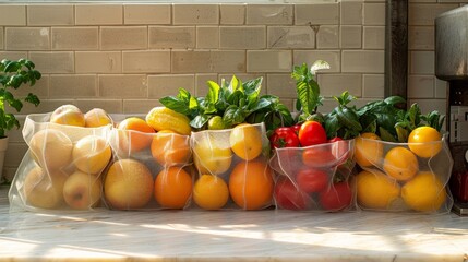 Sticker - Create a still life composition featuring a variety of fresh produce displayed in reusable mesh produce bags, encouraging waste-free grocery