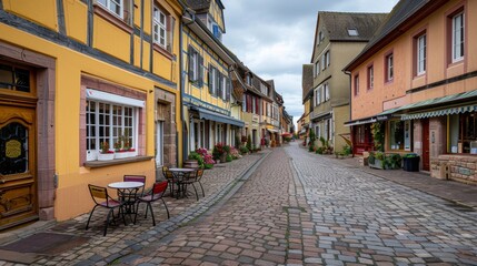 Capture the charm of a quaint European village square, with cobblestone streets, outdoor cafes, and historic architecture.