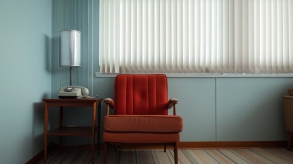 Wall Mural - Living room with mid-century modern furniture, including a vintage rotary telephone