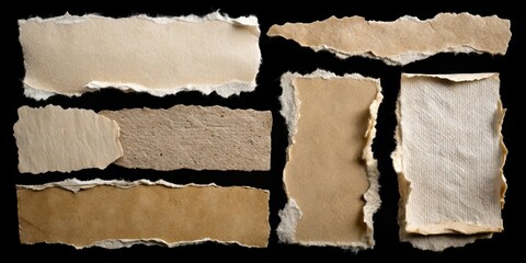 Collection of torn paper pieces on black background , ripped, torn, pieces, paper, collection, background, black, shredded