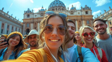 Poster - Illustrate a group of tourists from different countries snapping selfies together at the Vatican City, united by their shared experience