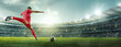 © Lustre Art Group  - Banner. Cinematic view. Soccer player in red strikes ball with power, aiming for goal in brightly lit stadium filled with spectators. Concept of sports games, competition, championship, tournament. Ad