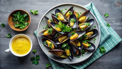 Sticker - A plate of steamed mussels with a side of lemon and garlic butter sauce, mussels, shellfish, seafood, gourmet