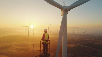 Wall Mural - Electrical engineer working and looking at wind mill while wearing safety helmet and inspecting sustainable energy. Electrical technician checking or maintenance eco wind mill with blue sky. AIG42.