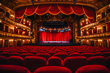 Canvas Print - The auditorium is spacious and well-lit, with plush red velvet seats and ornate gold detailing