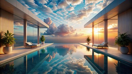 Poster - Luxurious pool surrounded by a surreal dreamscape , luxury, pool, surreal, dreamscape, design, relaxation, vacation