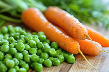 Peas Carrots. Fresh Orange Carrots and Green Peas in Vegetarian Nourishment Concept