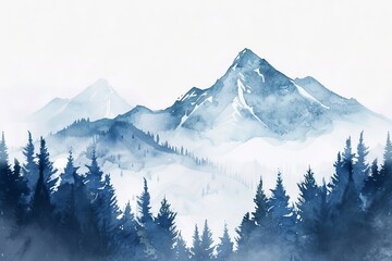  Illustration of blue mountains on a white background in watercolor