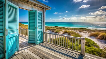 Wall Mural - Serene coastal retreat with weathered wooden deck, turquoise shutters, and beachy vegetation against a backdrop of endless blue sky.