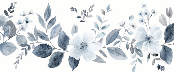 Wall Mural - This abstract botanical wallpaper design features blue flowers, leaves, branches, all with a watercolor texture. This modern illustration is suitable for fabrics, prints, and covers.