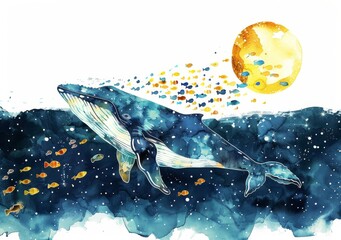Watercolor hand painting of a whale swimming among the stars in the night sky.