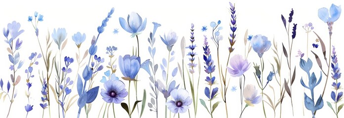 Digital illustration of blue flowers, summer design, watercolor hand painting. Ideal for printing or sublimation.