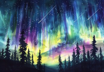 Poster - a night sky with aurora and forest silhouette - watercolor horizontally seamless illustration