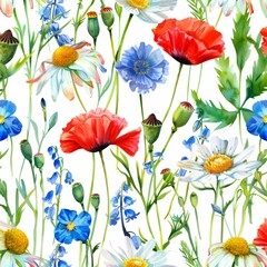 Wall Mural - A beautiful seamless pattern with hand-drawn watercolor wild flowers in the field. Stock illustration.