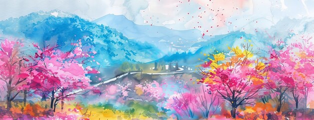 watercolor landscape painting with imagination of colorful flowers and beauty