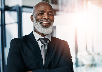 Sticker - CEO, portrait and mature black man in office for corporate career, business or leadership in Kenya. Face, happy professional and executive entrepreneur, boss and financial manager in suit at company