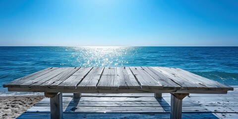 Wall Mural - Wooden Table Overlooking a Sparkling Sea