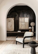 © Vadim Andrushchenko - Accent armchair against arch and black stucco wall. Minimalist, japandi interior design of modern living room.