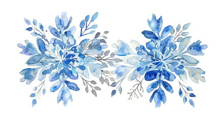 Illustration of two dark blue watercolor snowflakes. A symbol of winter and cold weather. Hand painted drawing on white background.