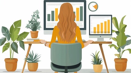 Poster - Woman Working at Desk With Graphs on Computer Monitors
