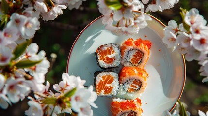Canvas Print - close up of sushi and flowers. Selective focus
